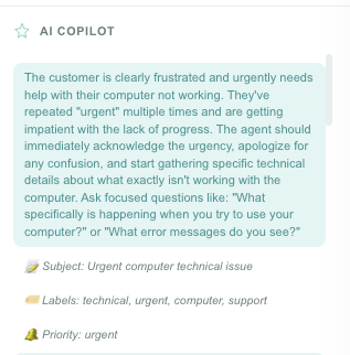 AI Copilot screenshot: The Copilot panel beside a live conversation